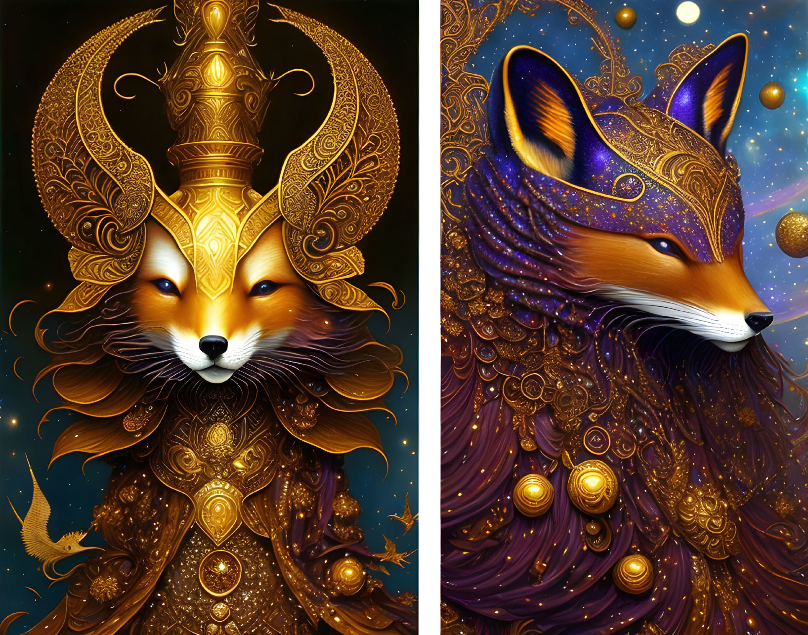 Detailed Illustrations: Golden Fox in Ornate Armor & Purple Fox with Swirling Patterns