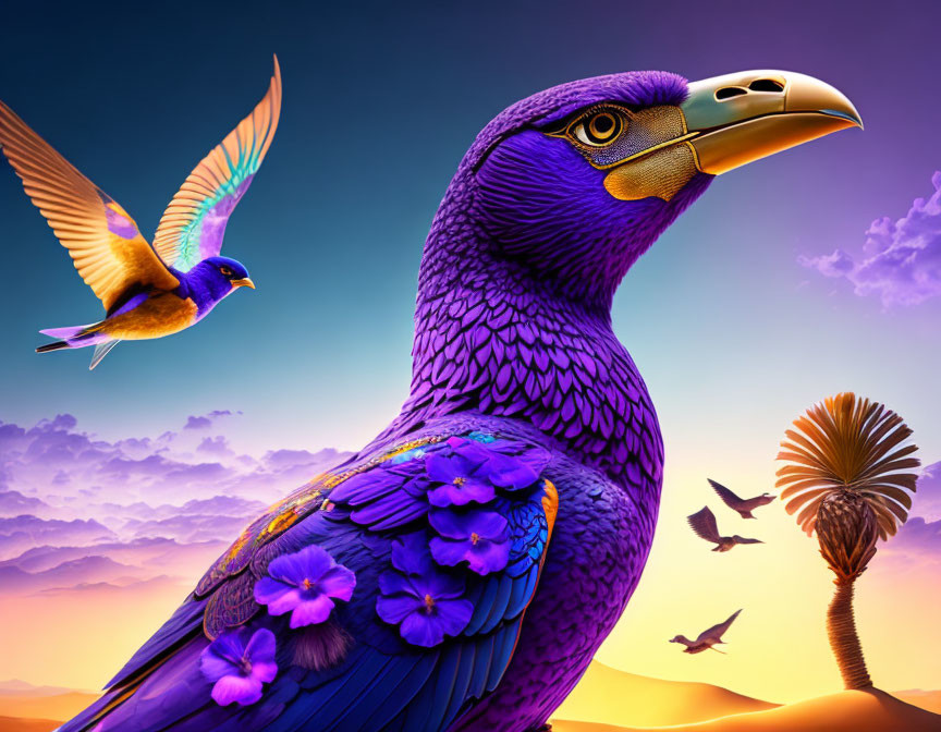 Colorful digital artwork: Purple bird with golden beak in sunset sky