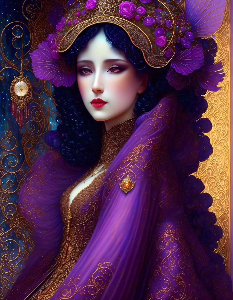 Illustrated woman in purple attire with gold patterns and jewelry