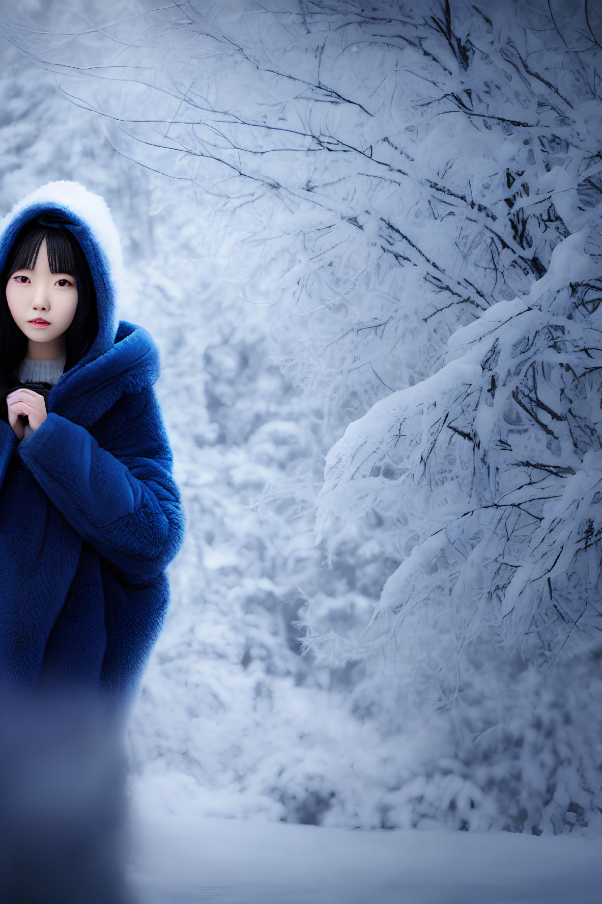 Person in Blue Hooded Coat in Snowy Landscape with Snow-Covered Trees