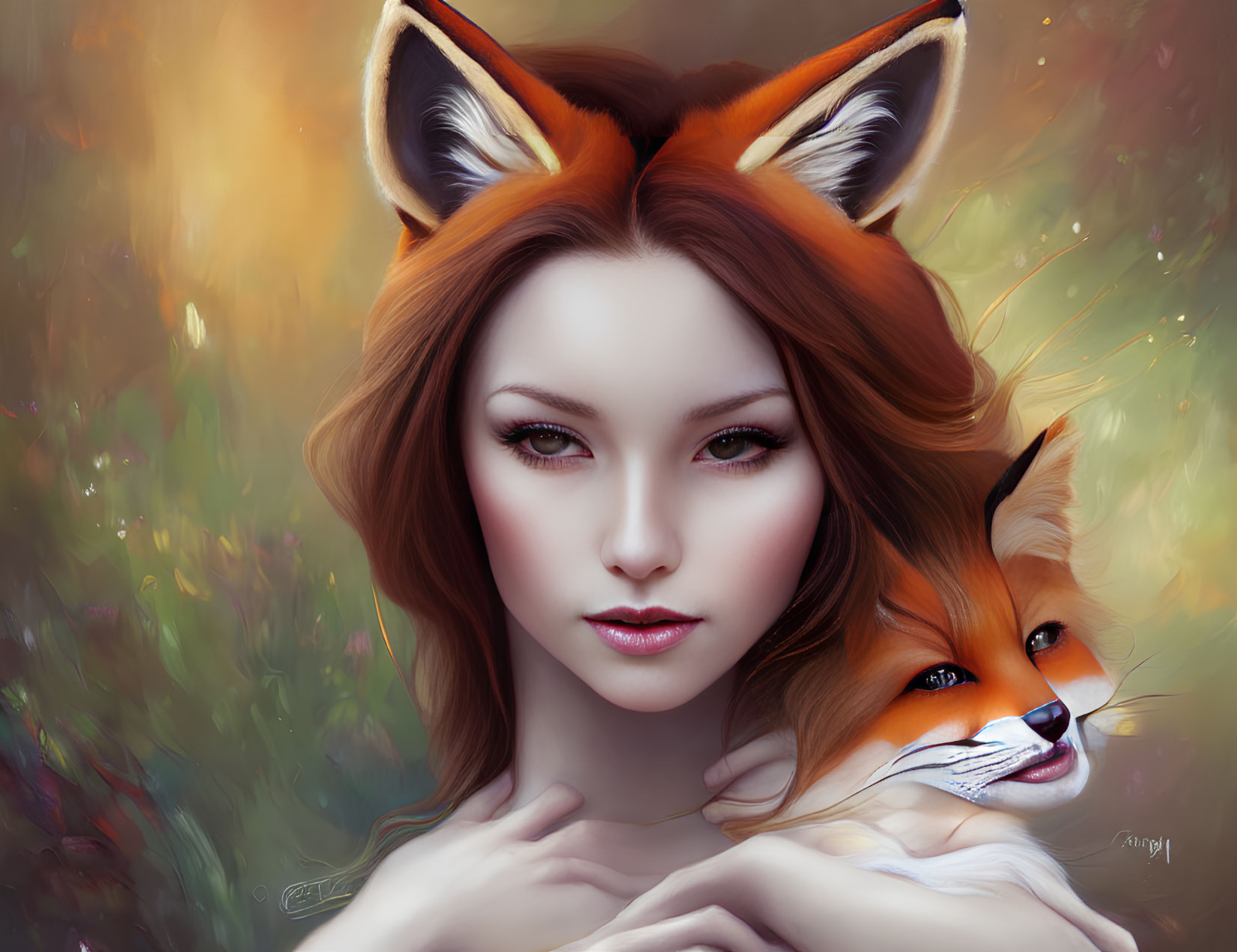 Fantasy illustration of woman with fox ears embracing a real fox