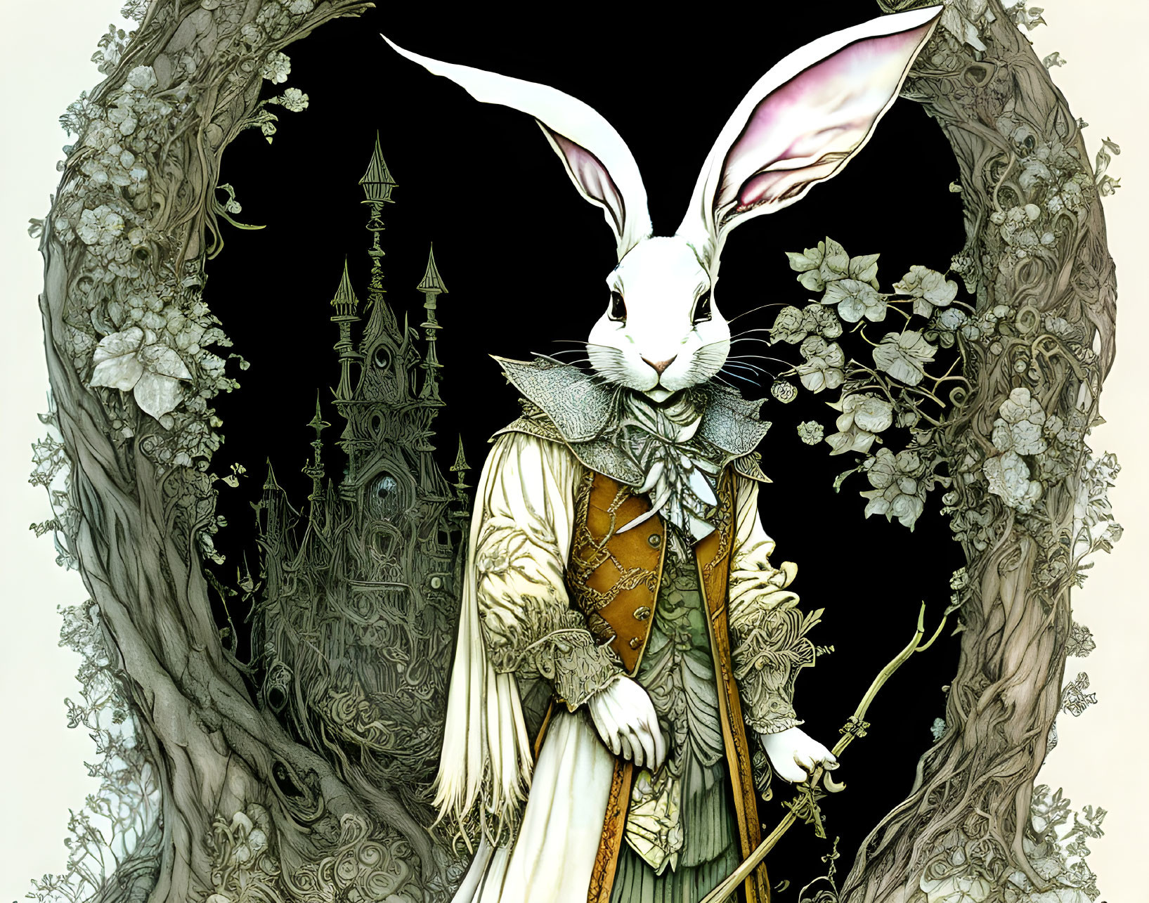 Renaissance-themed anthropomorphic rabbit in whimsical setting