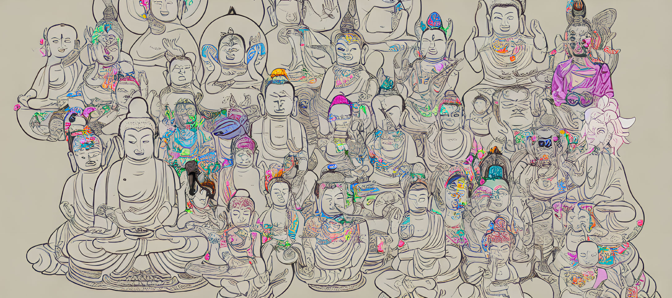 Detailed Buddha Figures Illustration on Beige Background with Vibrant Accents