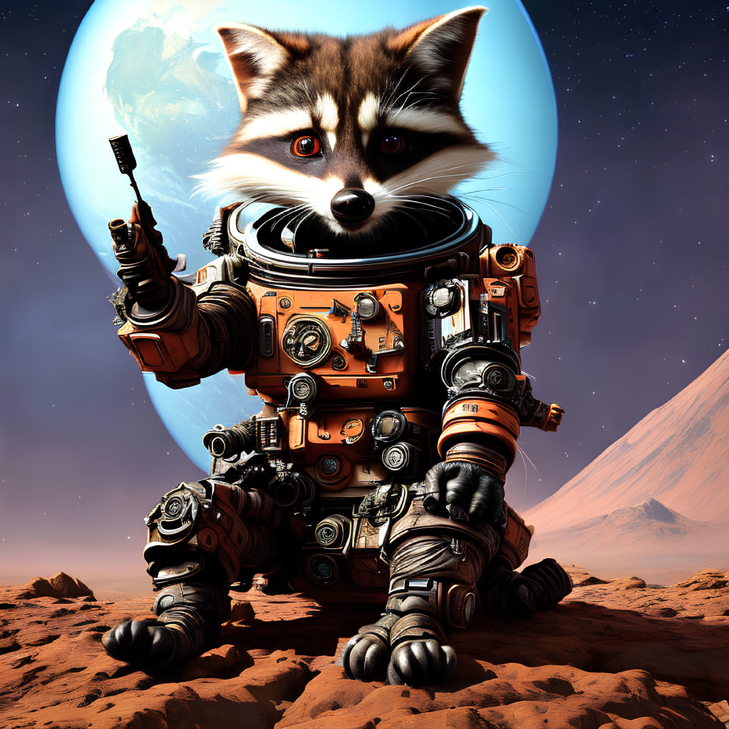 Raccoon-headed astronaut robot with space gun on Mars-like terrain.