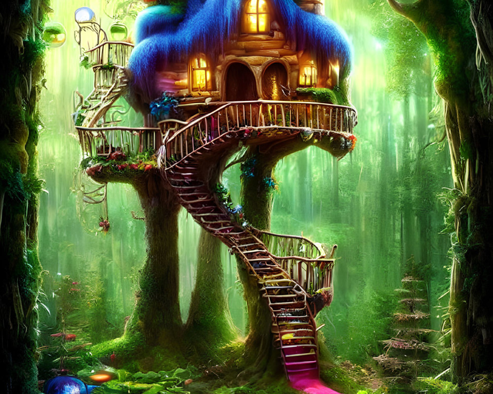 Whimsical treehouse with blue thatched roof in enchanted forest