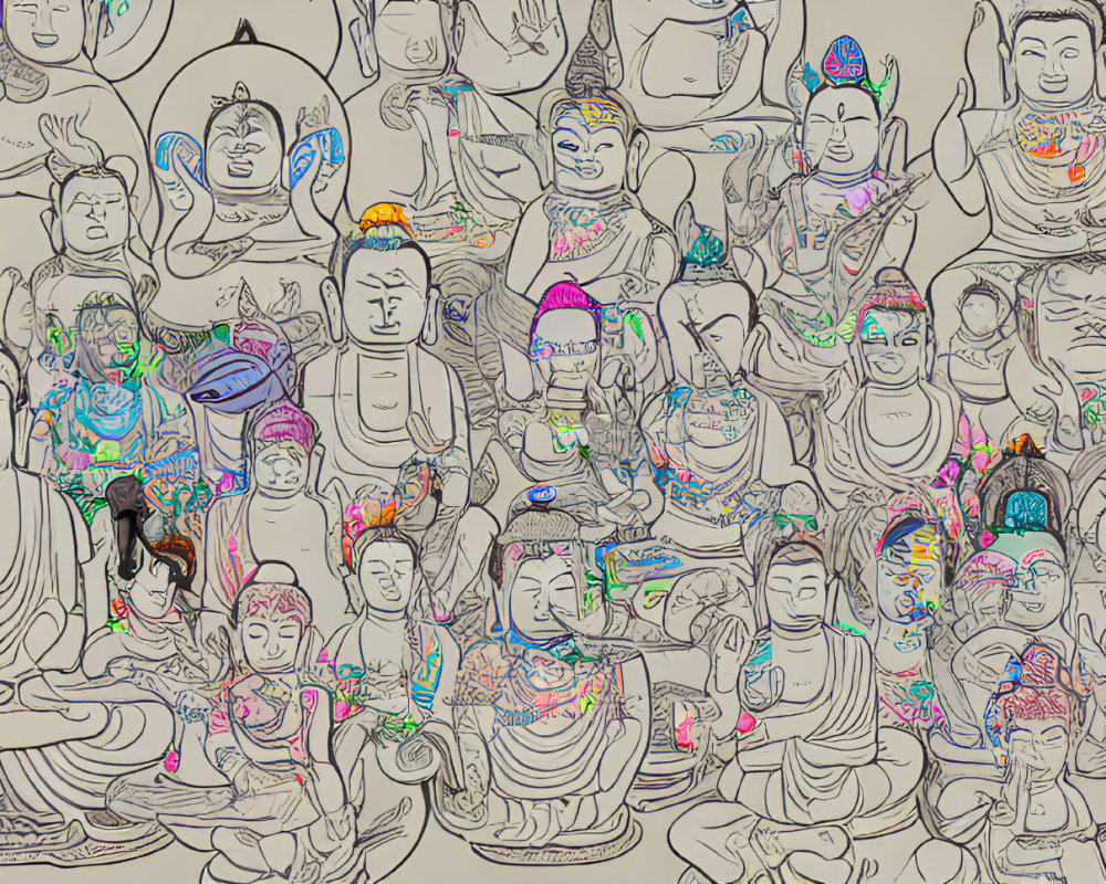 Detailed Buddha Figures Illustration on Beige Background with Vibrant Accents