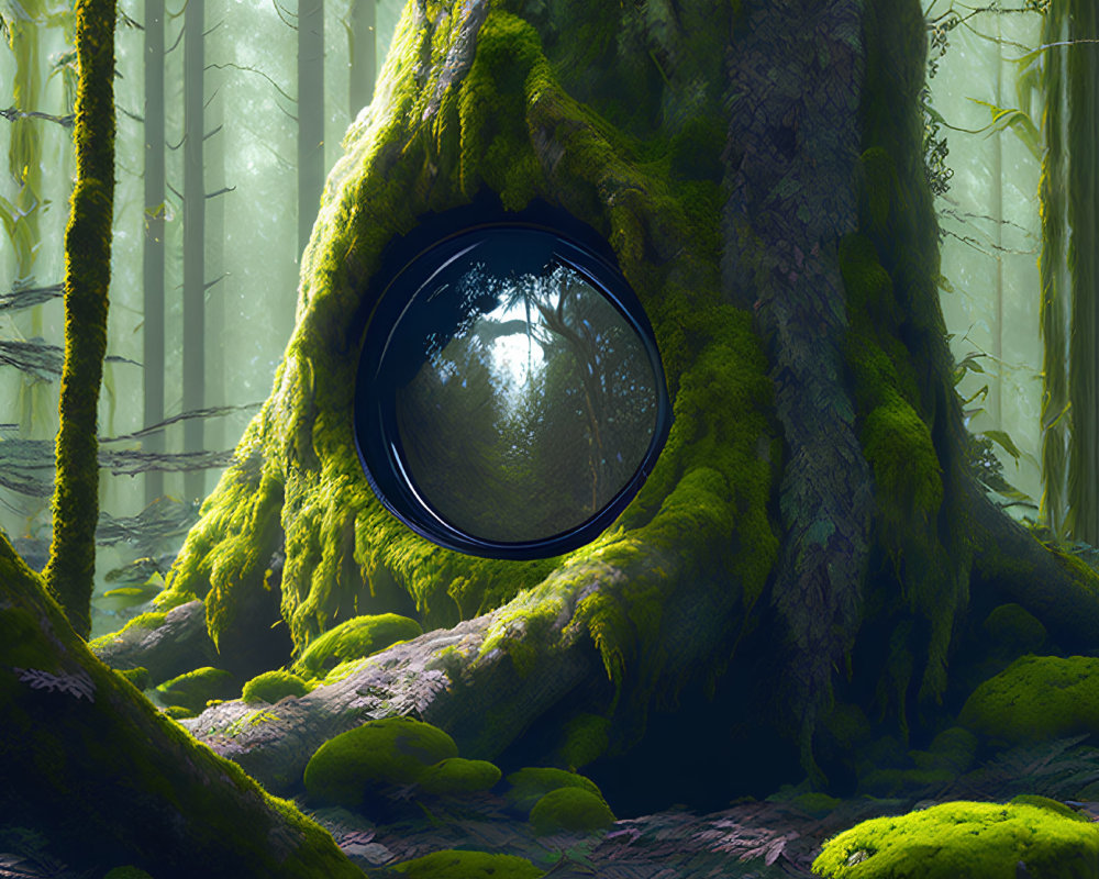 Mystical circular portal in tree trunk in sunlit forest