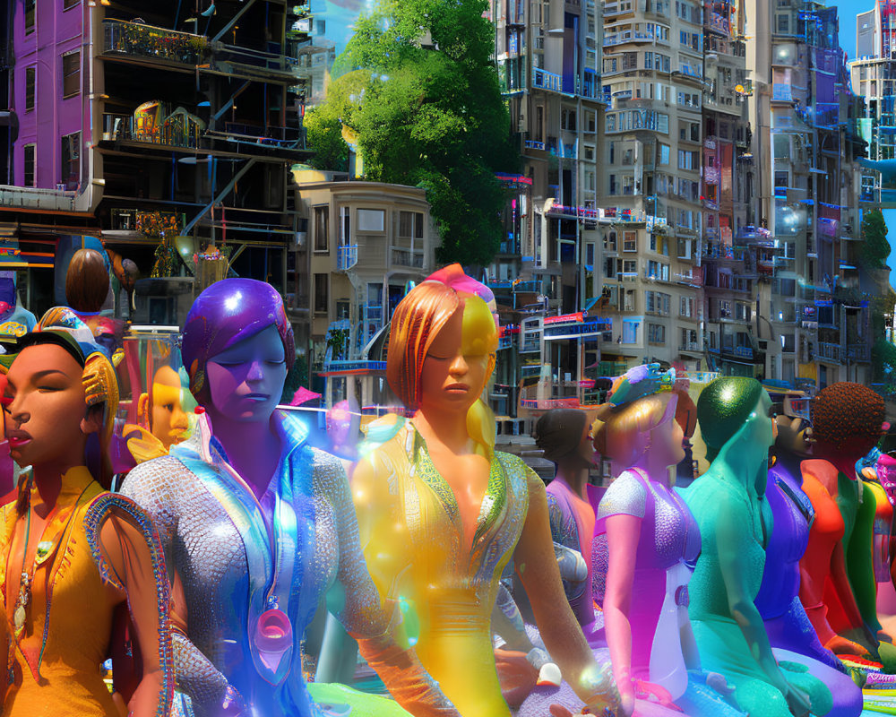 Vibrant holographic people in futuristic cityscape gathering