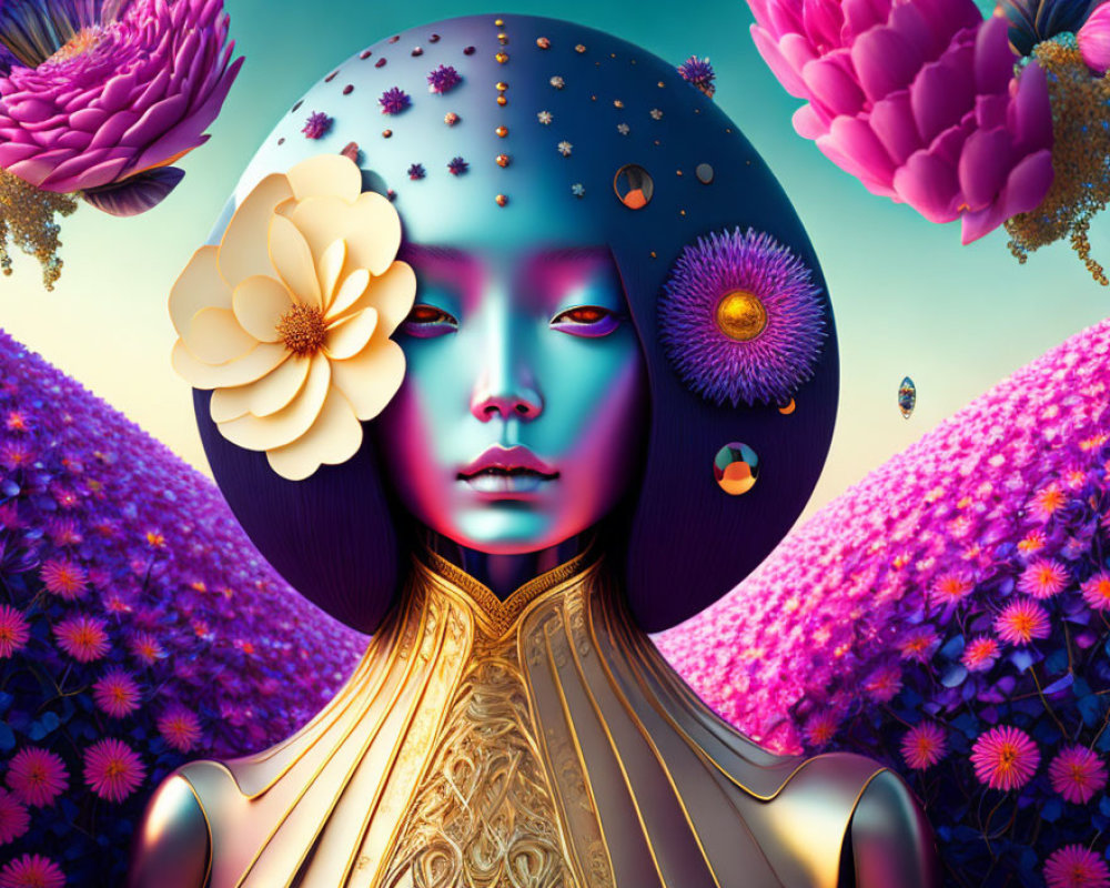 Blue-skinned woman with cosmic hair in surreal portrait among vibrant flowers