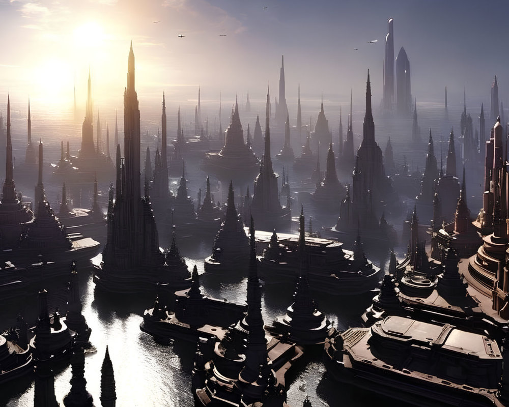 Futuristic cityscape with towering spires at sunrise