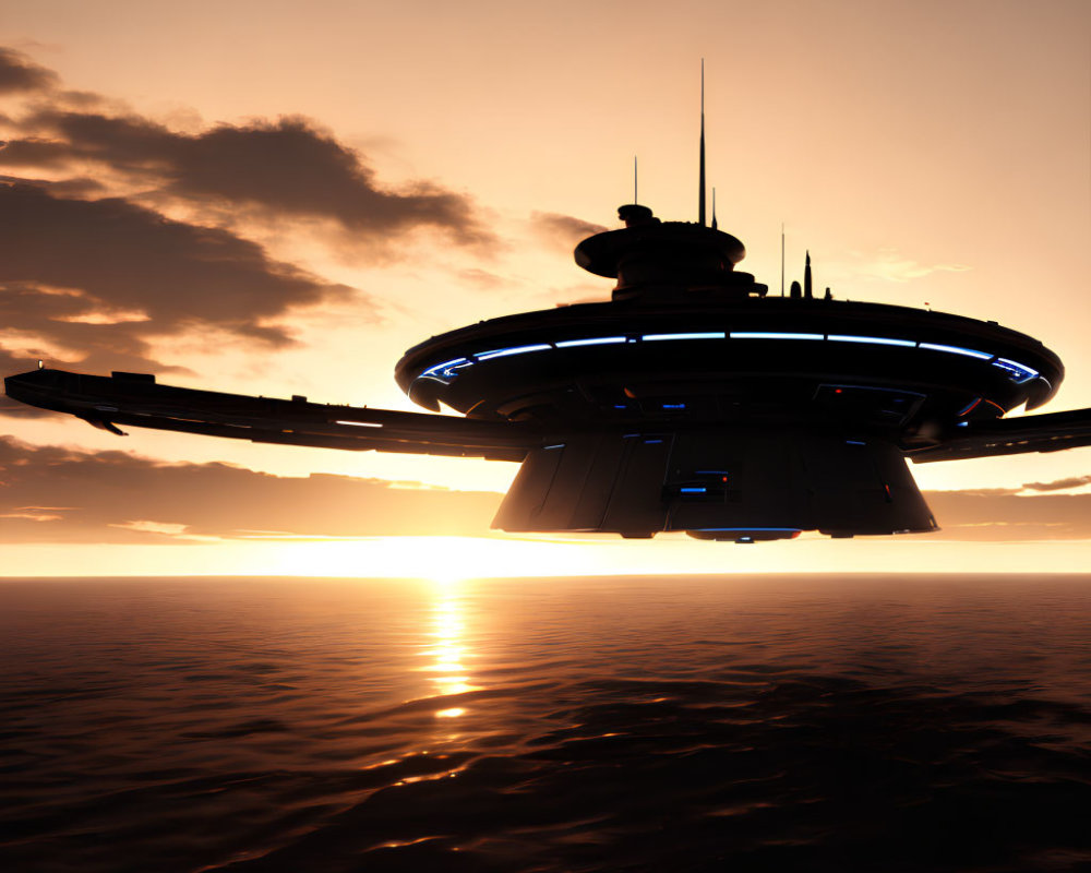 Futuristic spacecraft above ocean at sunset