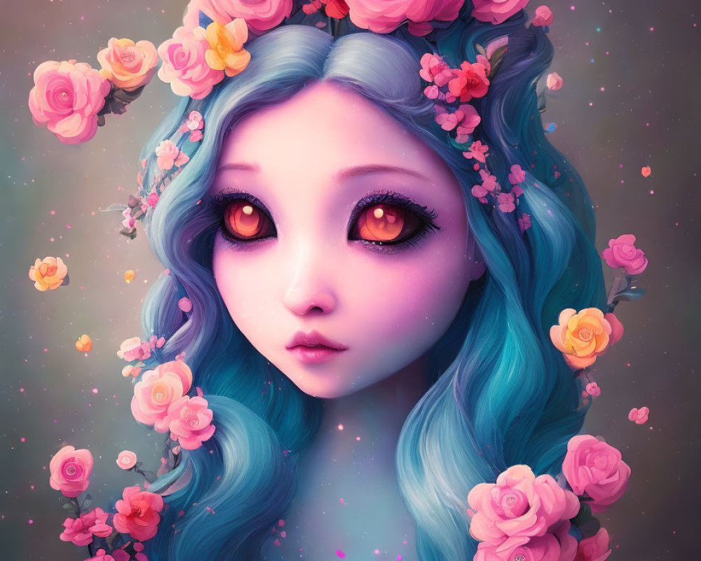 Whimsical girl with glowing eyes and blue hair in dreamy setting