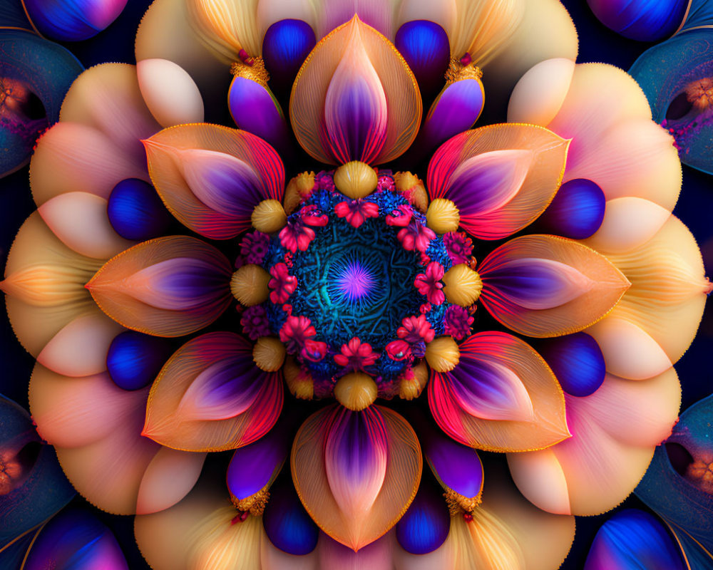 Symmetrical digital artwork with mandala-like design in blue, orange, and purple.