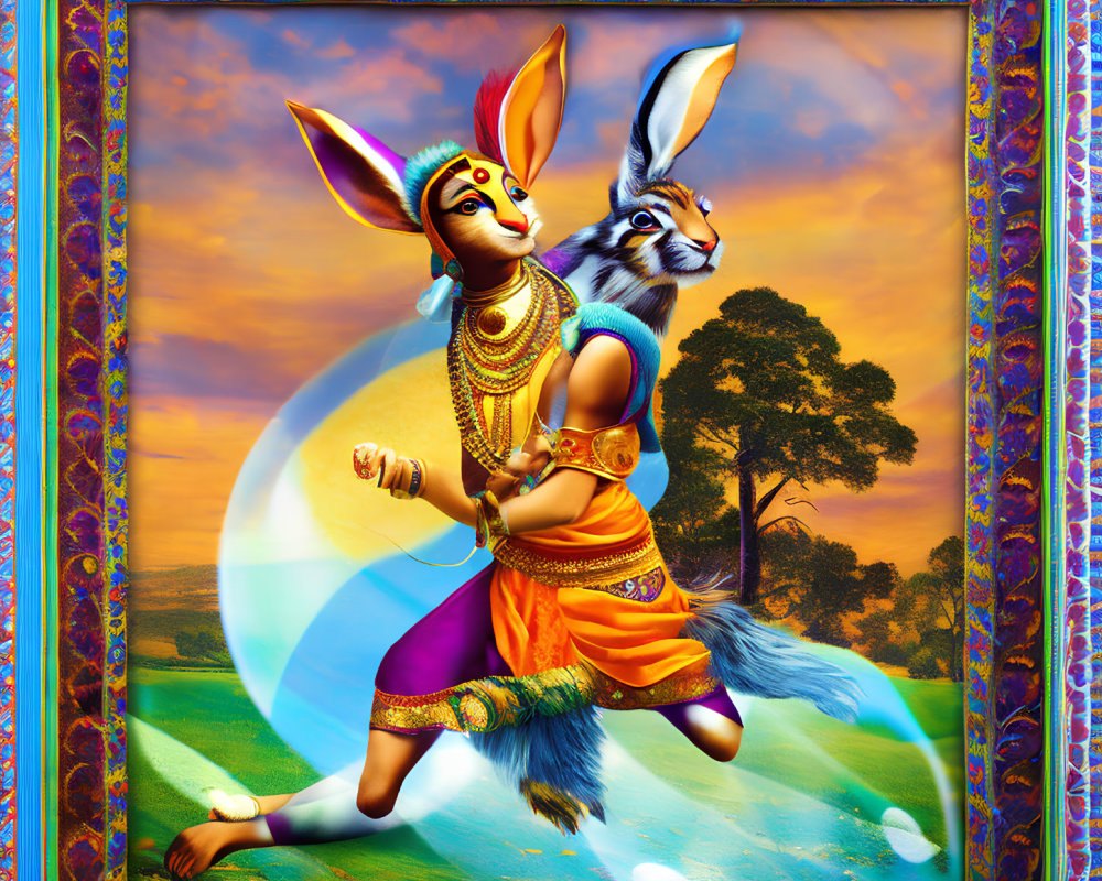 Vibrant Lord Hanuman with rabbit head in Indian attire against colorful backdrop