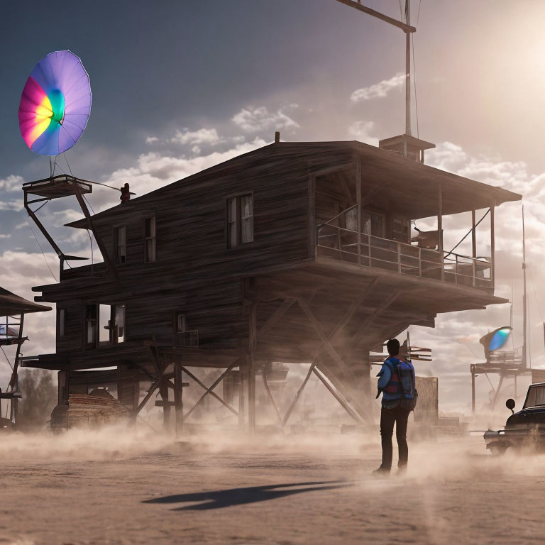 Colorful Umbrella Walking Towards Wooden Stilt House on Dusty Terrain