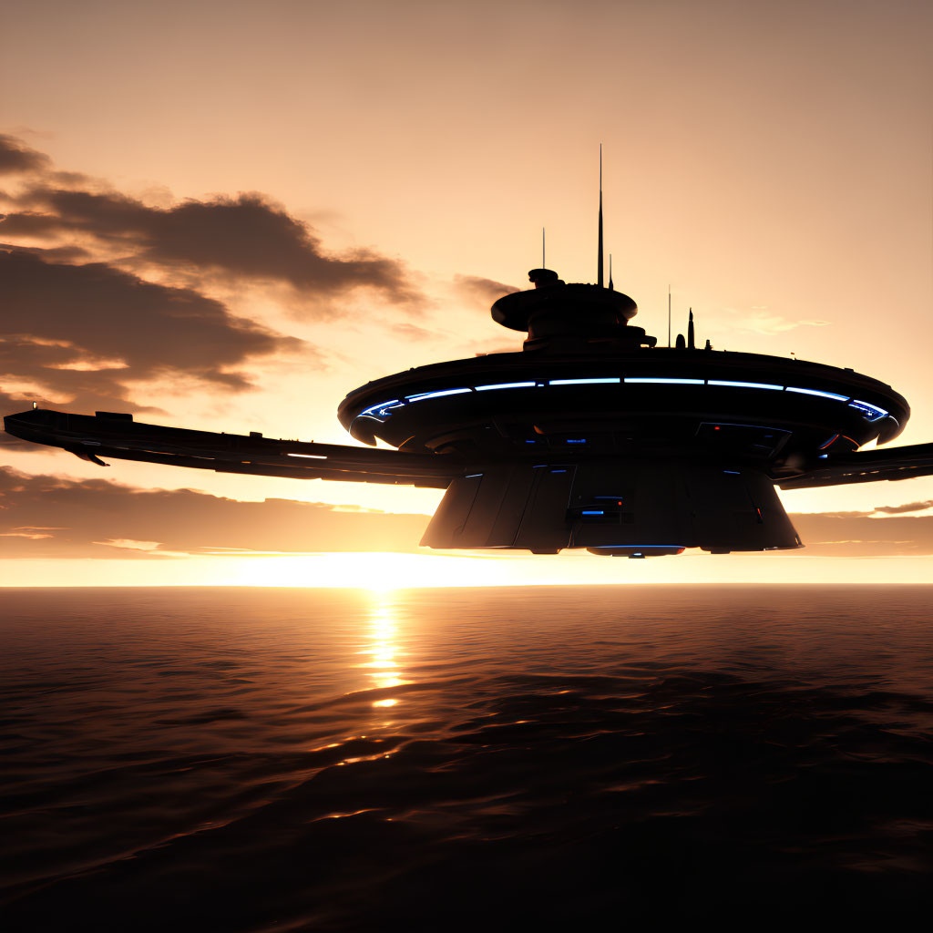 Futuristic spacecraft above ocean at sunset