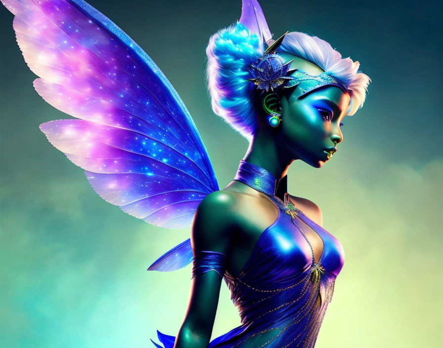 Digital Artwork: Female Figure with Purple Wings and Futuristic Attire