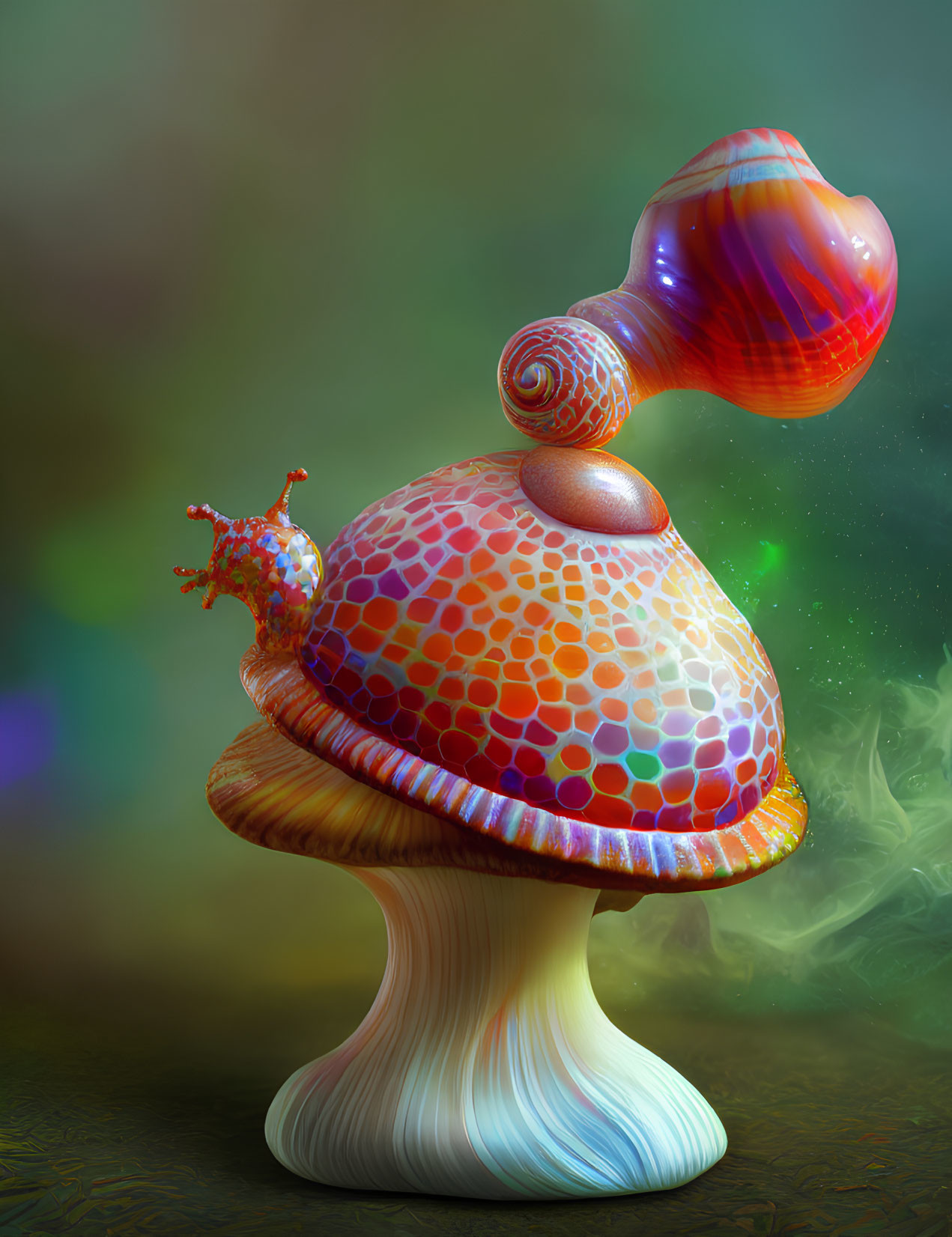 Colorful patterned mushroom with smaller one and whimsical creature on top