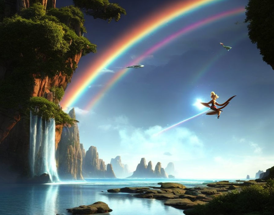 Double Rainbow Over Waterfalls and Islands with Fairy and Bird in Whimsical Landscape