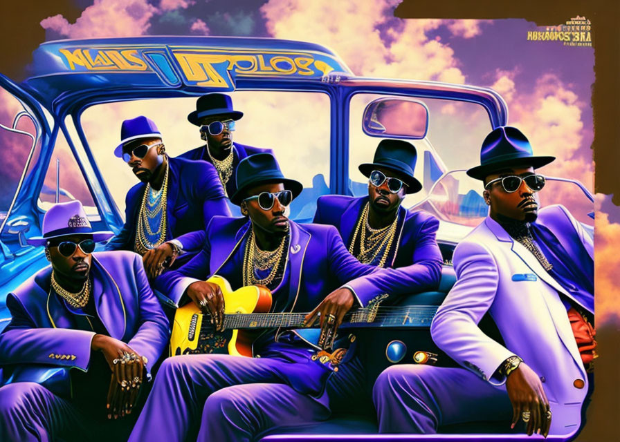 Illustrated poster featuring five stylish male figures in purple suits and fedoras with gold jewelry standing by a