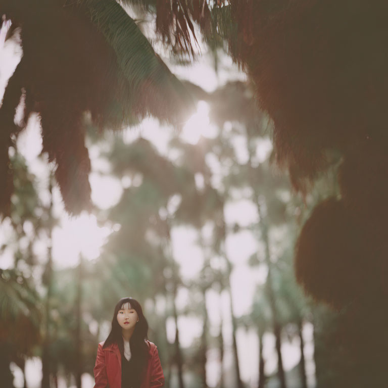 Person in Red Jacket Standing in Forest with Sunlight Filtering Through Trees