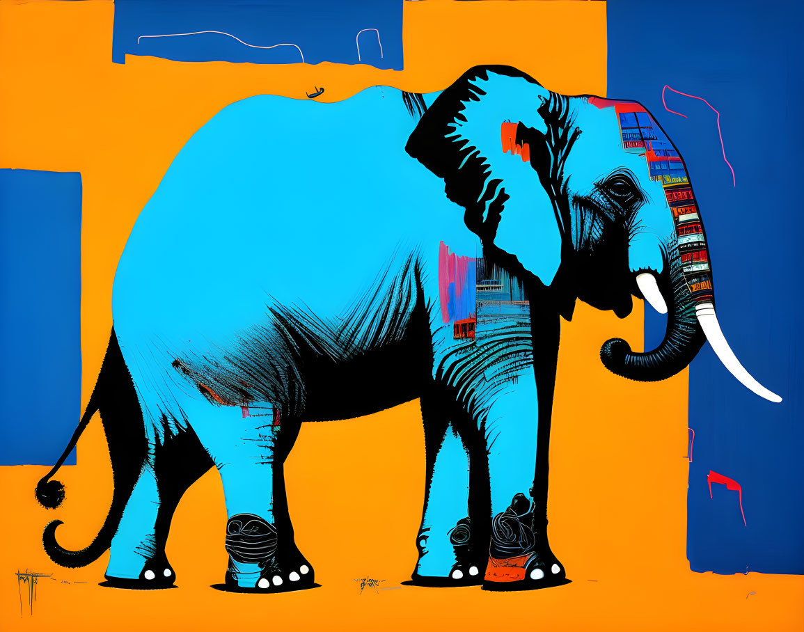 Colorful stylized artwork: Blue elephant on orange background with abstract patterns