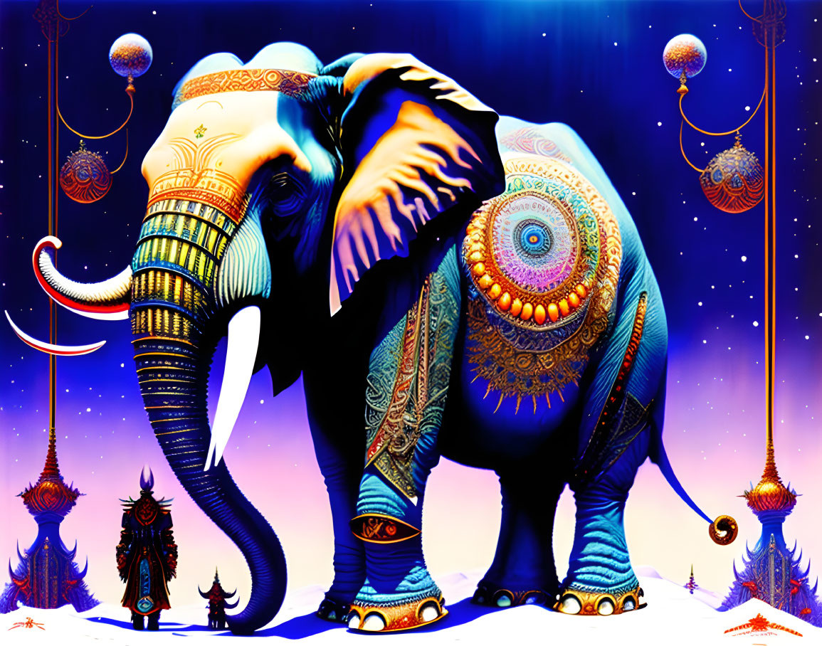 Colorful stylized elephant in cosmic backdrop with intricate designs