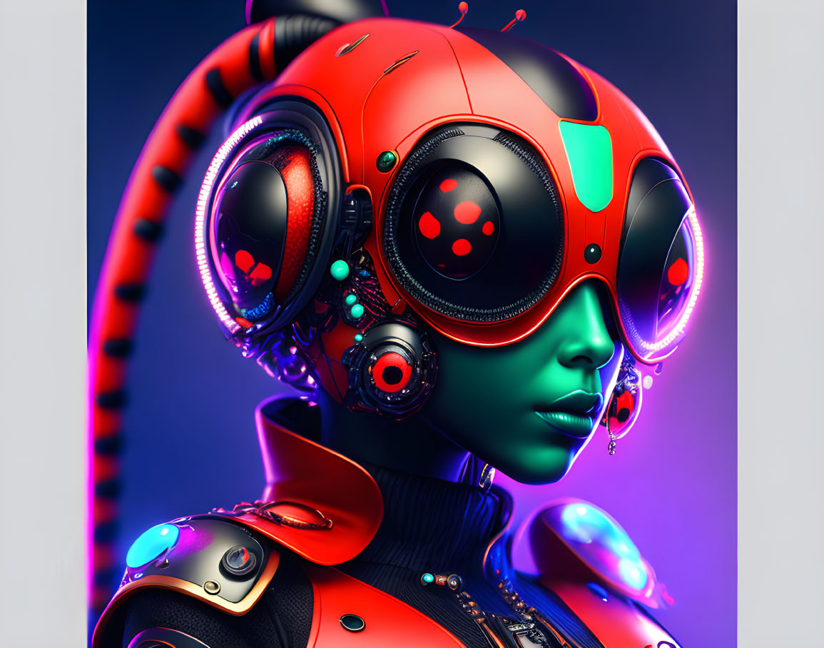 Colorful humanoid robot digital art with red and black helmet and glowing green eyes