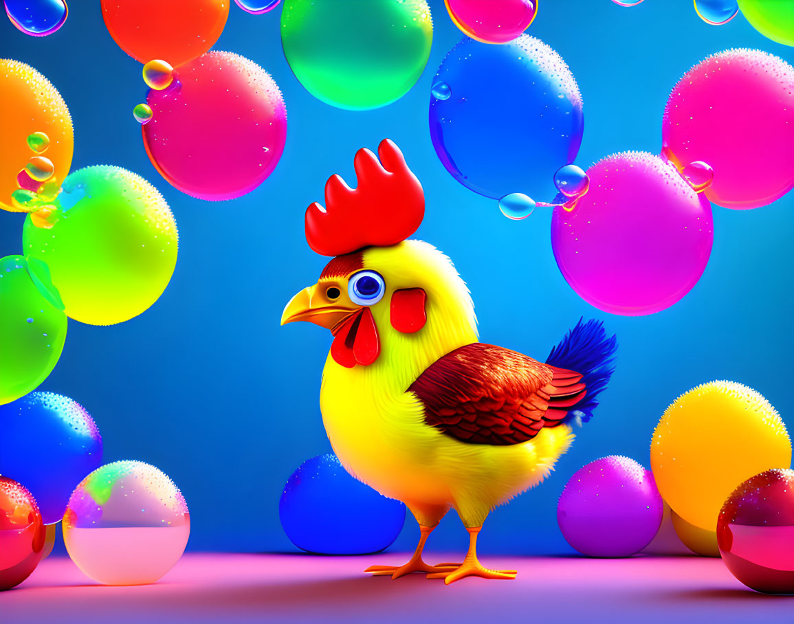 Colorful 3D cartoon chicken in bubbles on blue background