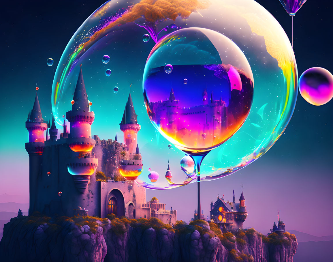 Fantasy landscape: castles on cliffs, floating bubbles, cities, nature, purple sky