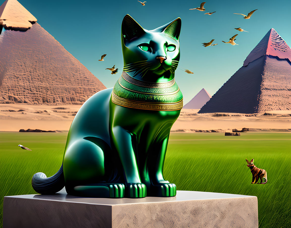 Turquoise Egyptian cat statue with pyramids, birds, and fox