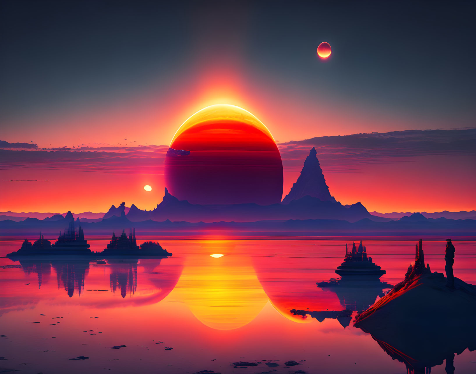 Large Sun and Small Moon in Vivid Sunset Scene over Tranquil Sea