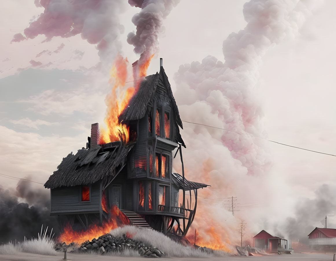 Burning old wooden house in desolate area