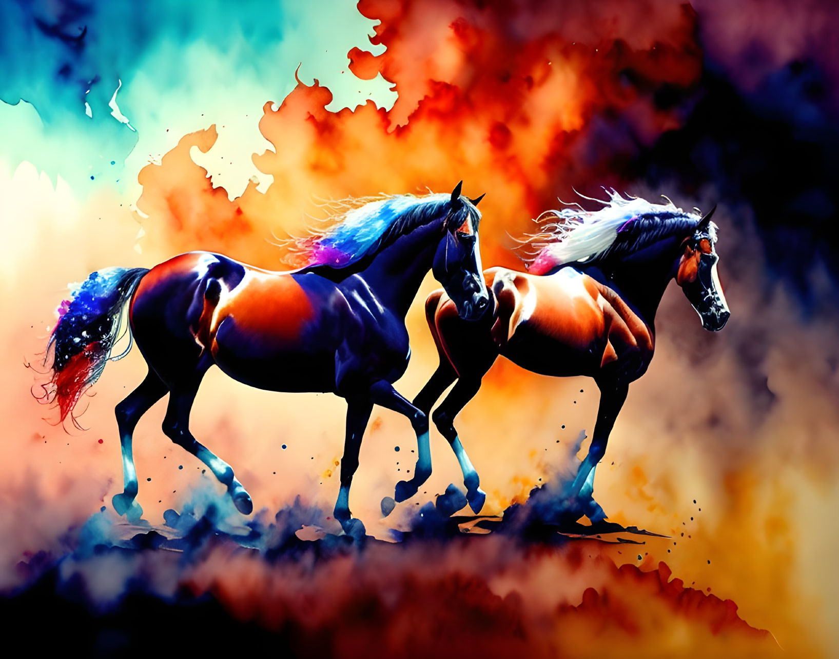 Vibrantly colored horses against fiery abstract background