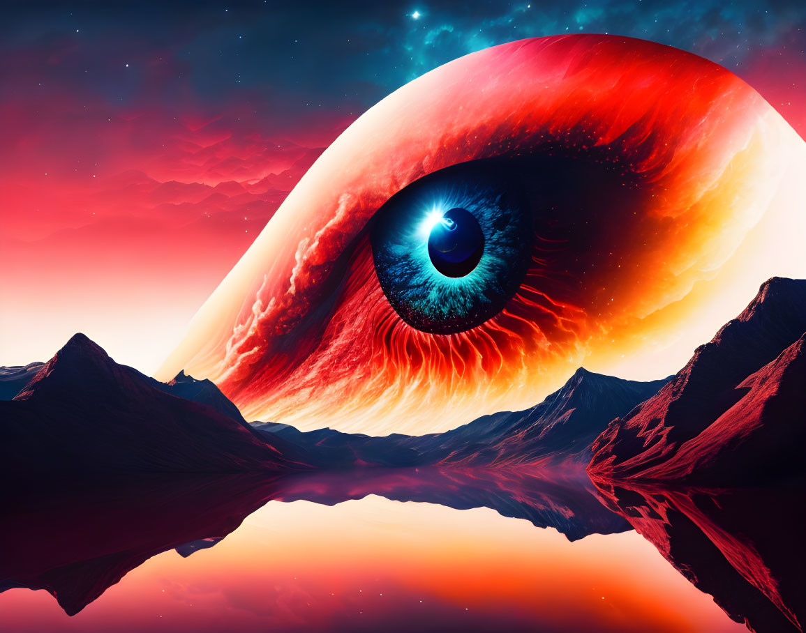 Surreal landscape with giant eye, mountains, and starry nebula sky