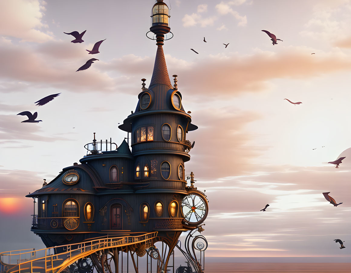 Victorian lighthouse with ornate details by the sea at dusk