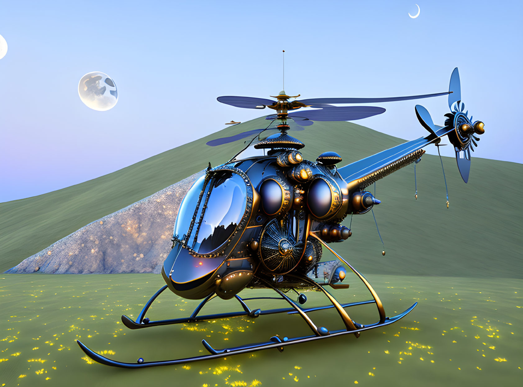 Steampunk-style helicopter with brass details on grassy terrain under two moons at dusk