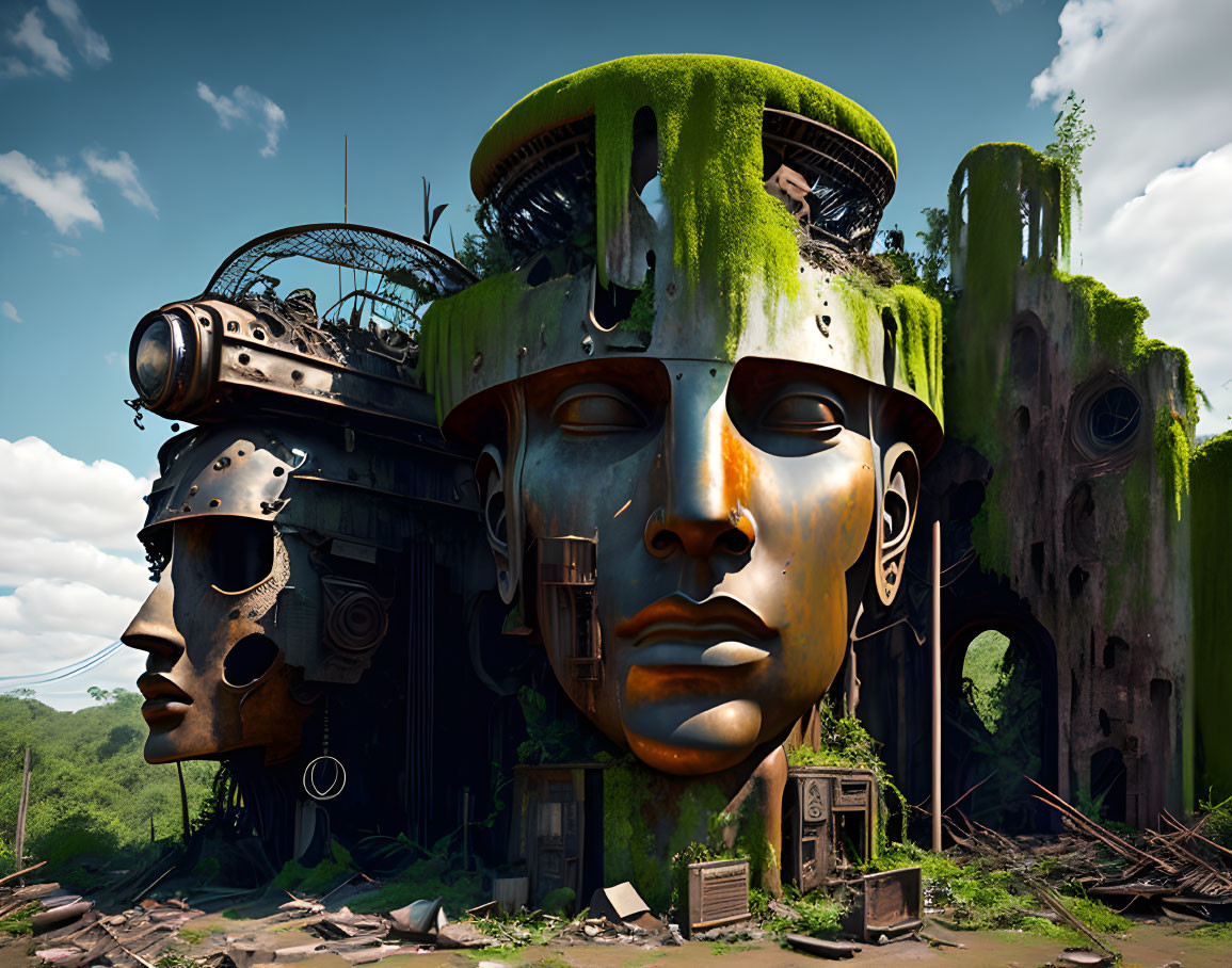 Metal faces with overgrown plants under blue sky