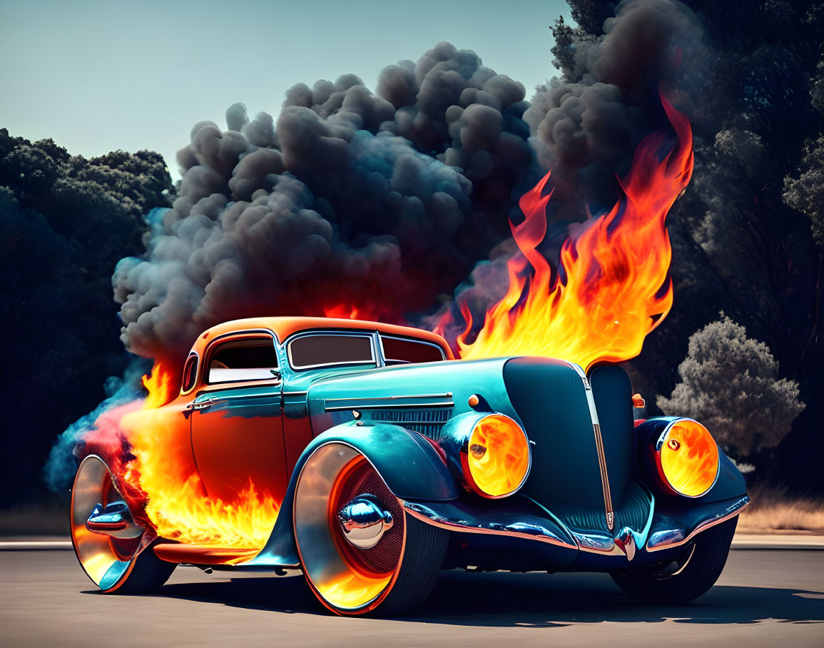 Vintage Blue Car with Orange Flames Driving on Road with Smoke