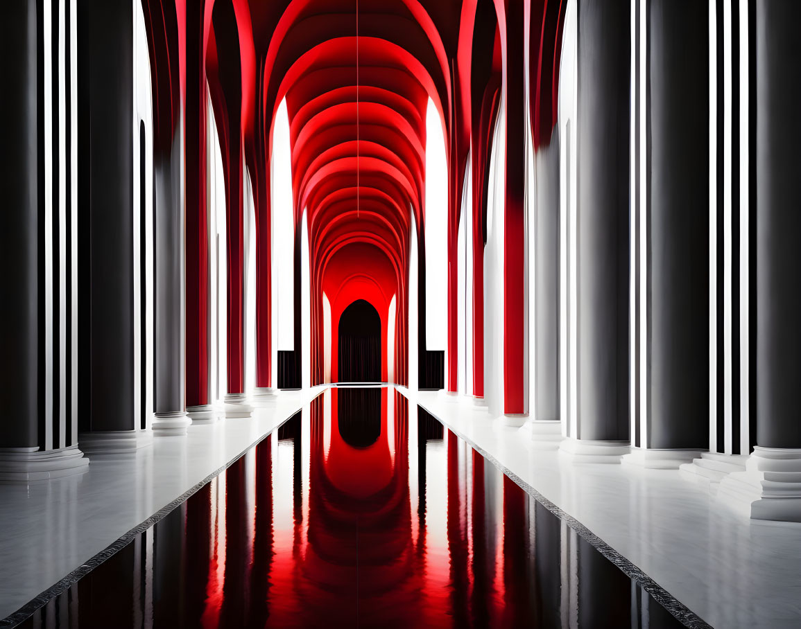 Symmetrical corridor with black and white columns and red archway on glossy floor