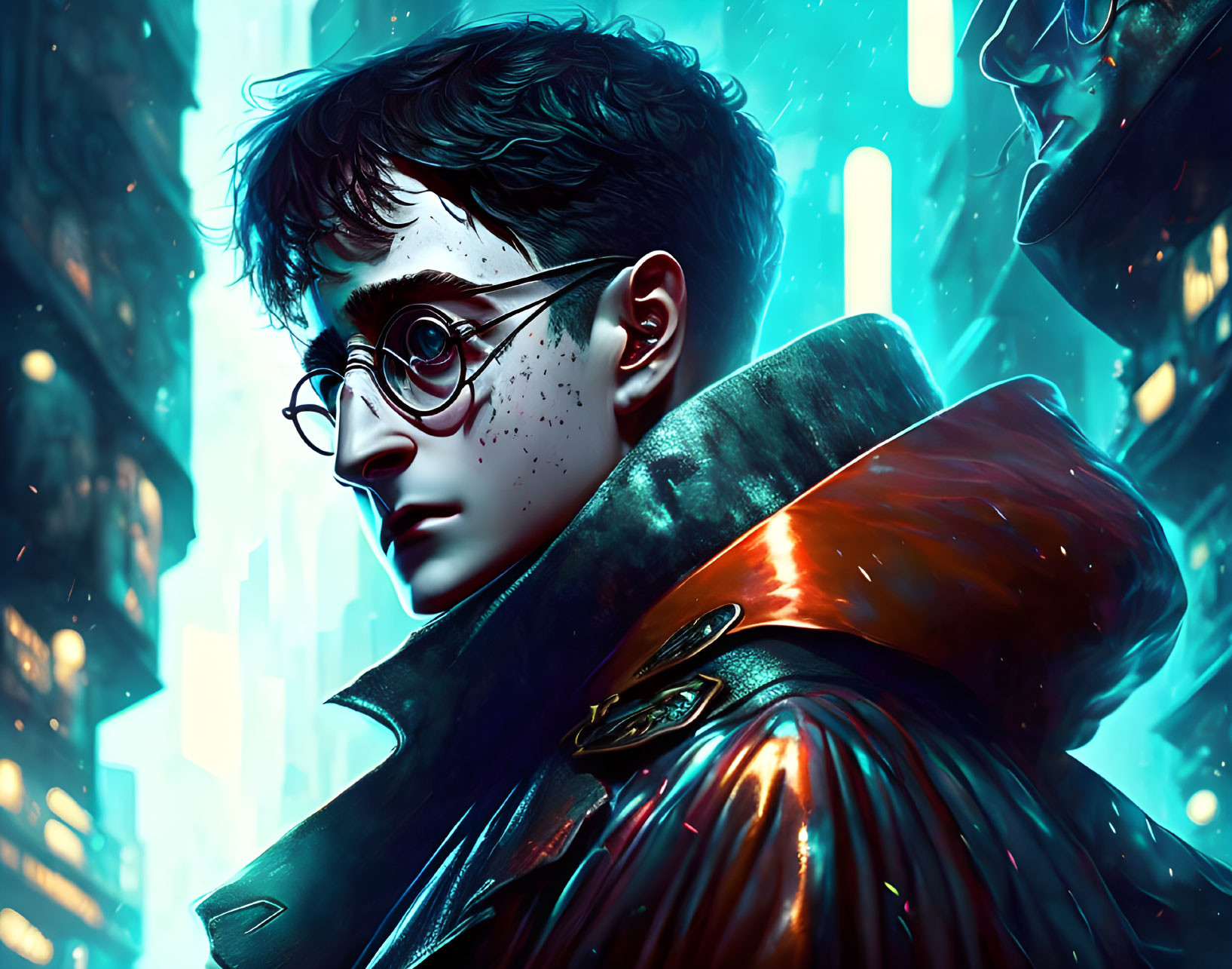 Young wizard portrait with scar, glasses, and red cape in magical setting