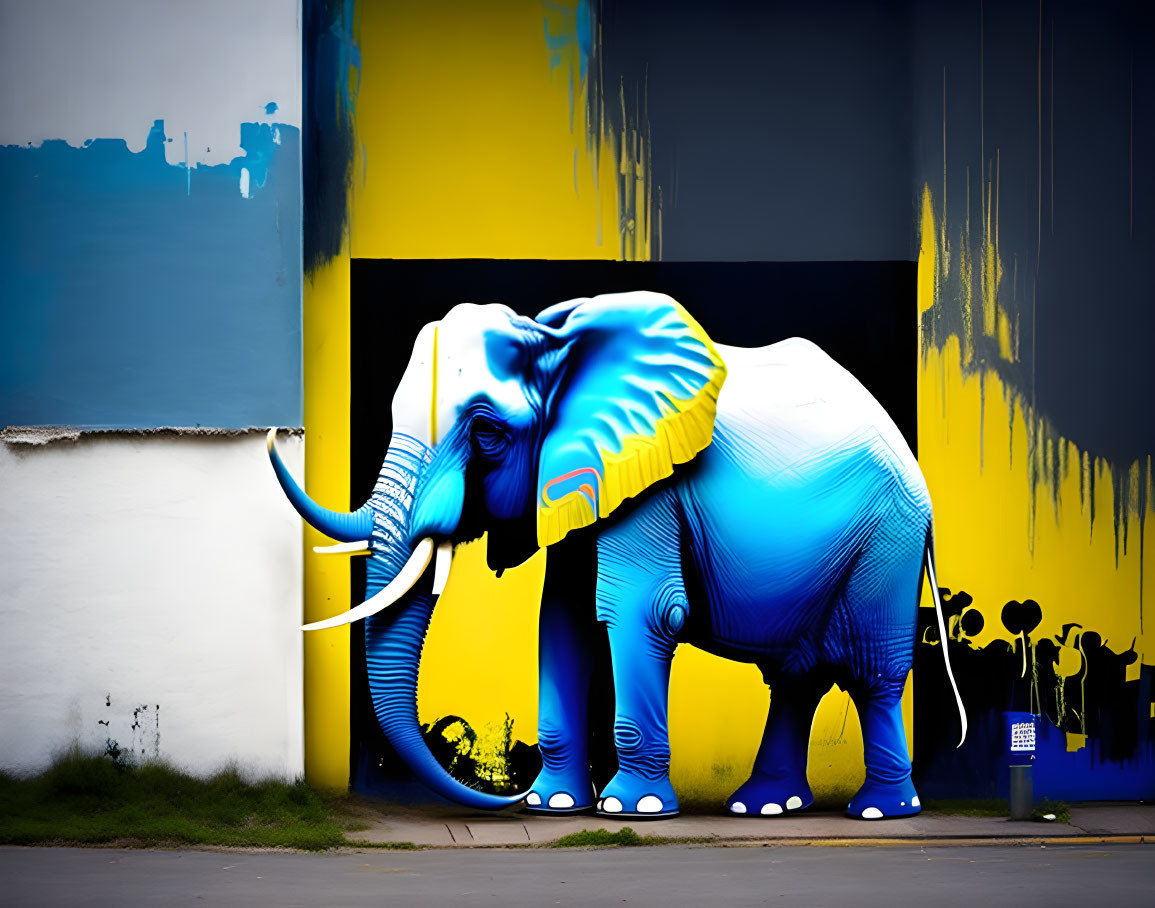 Colorful street art mural featuring blue elephant on yellow background.