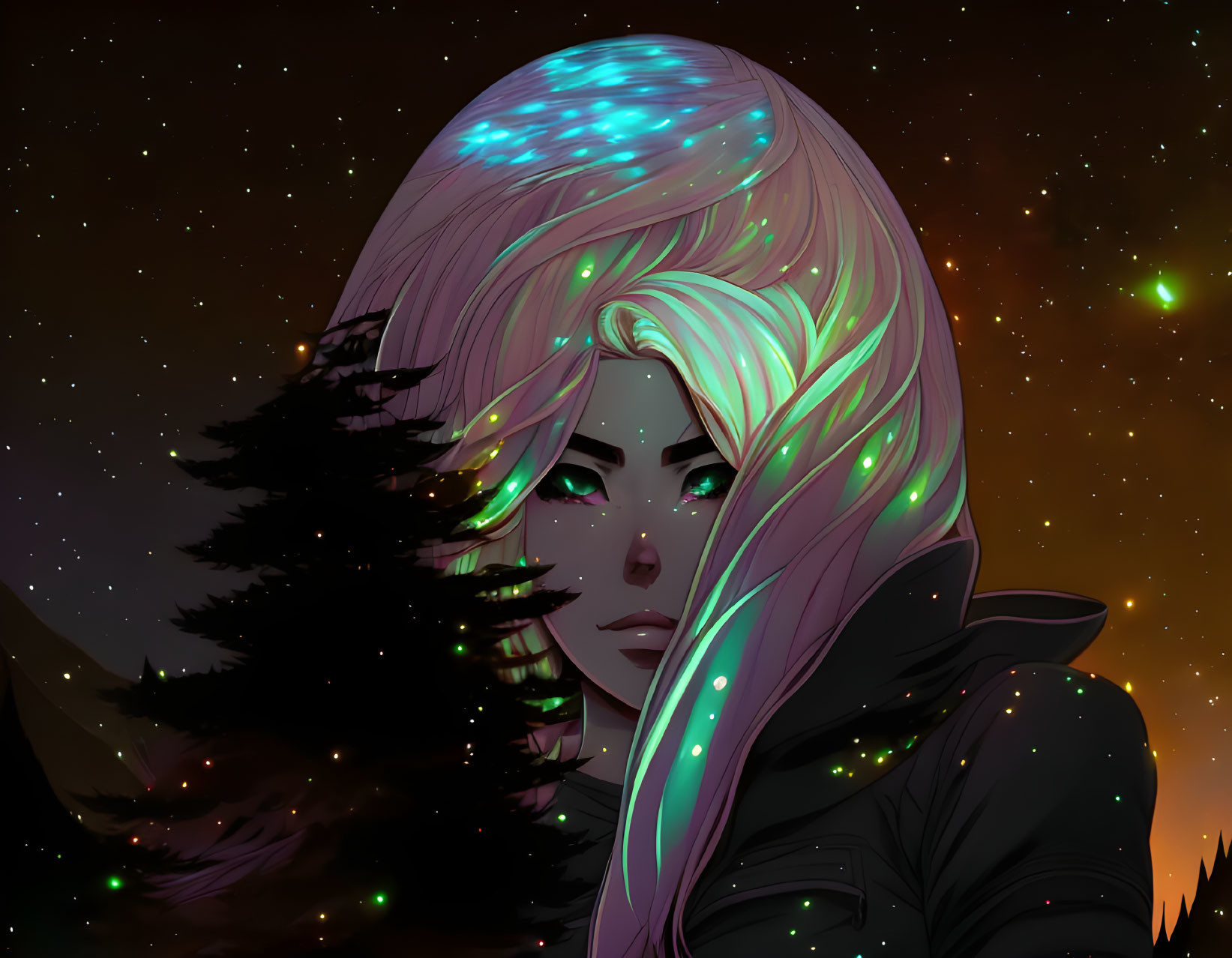 Colorful hair portrait against starry sky: Cosmic-themed art piece