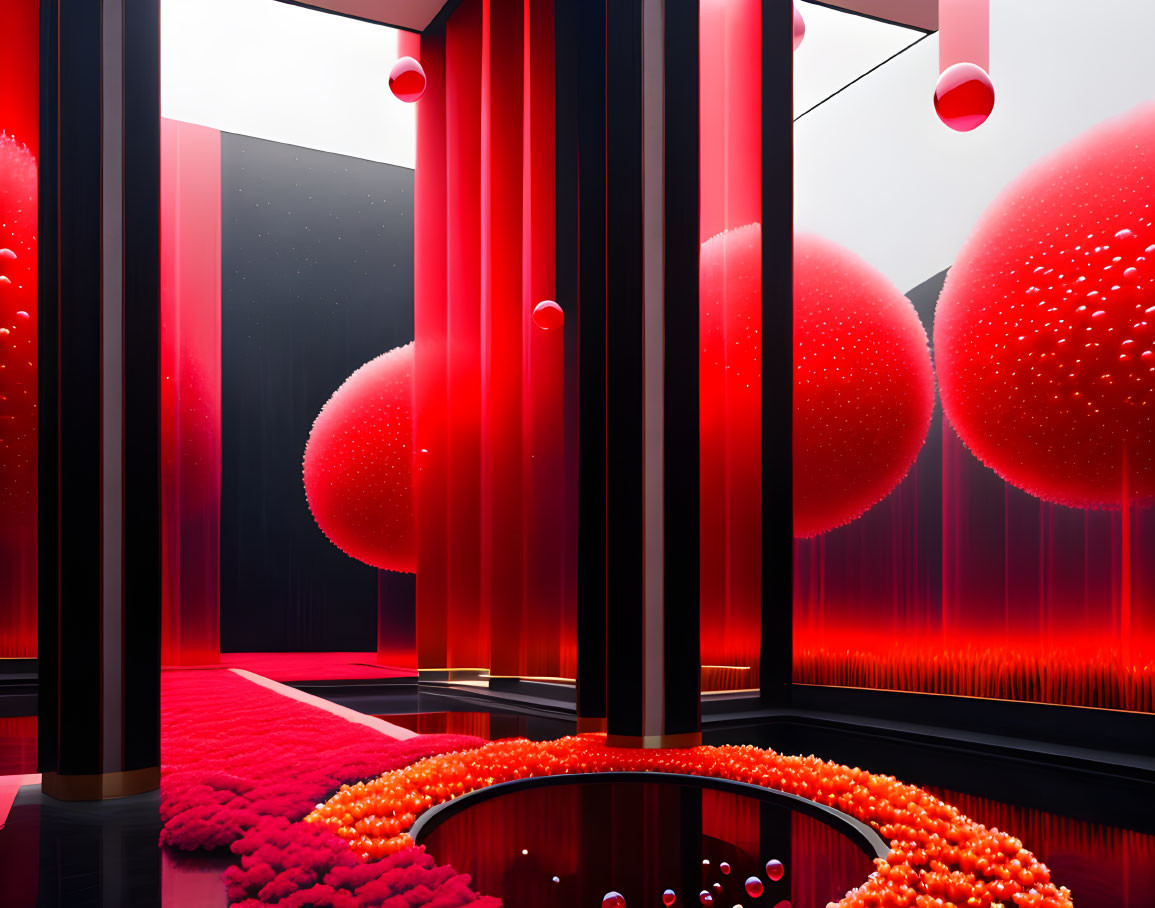 Red and Black Abstract Interior with Spherical Shapes and Glossy Surfaces