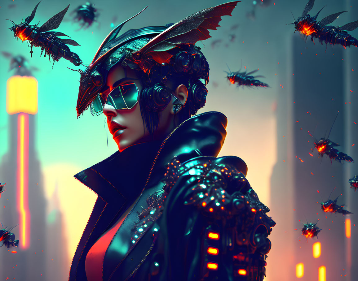 Futuristic female figure with cybernetic arm and ornate helmet in neon-lit cityscape