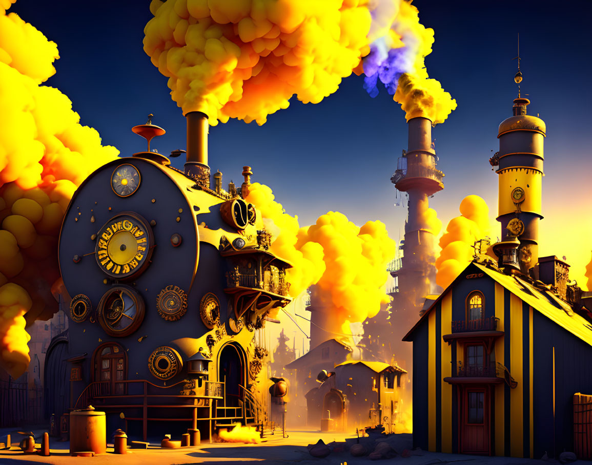 Steampunk scene with ornate machinery and vibrant smoke against blue sky