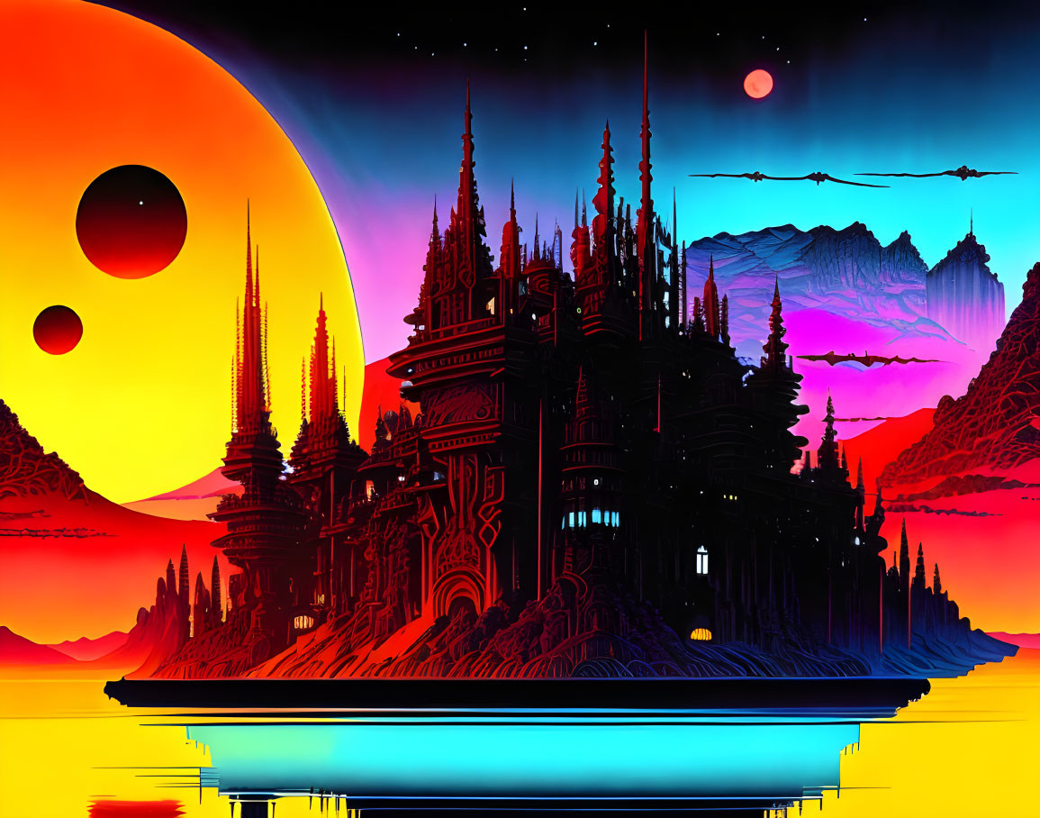 Gothic-style castle in vibrant sci-fi landscape