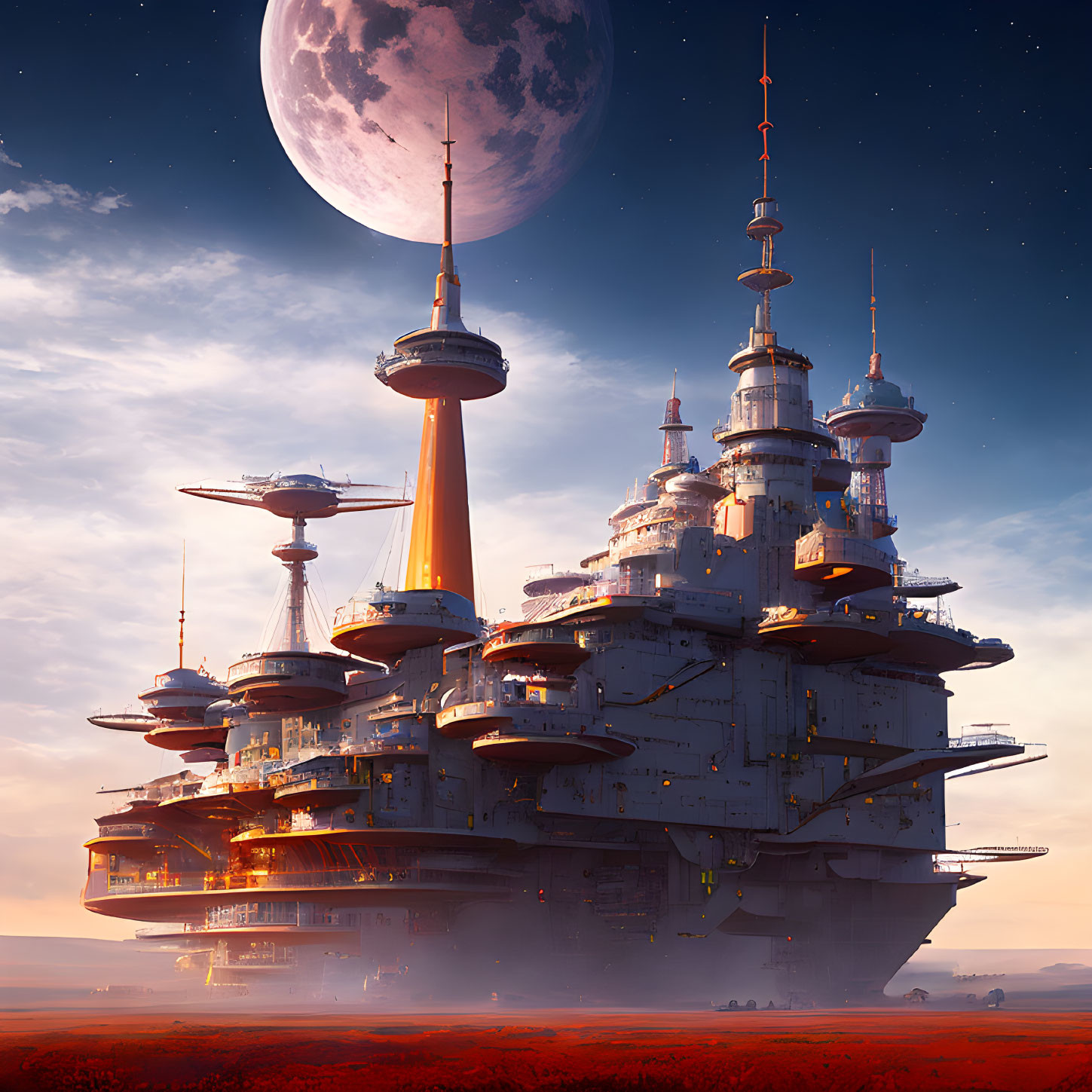 Futuristic cityscape with towering spires and red sky backdrop