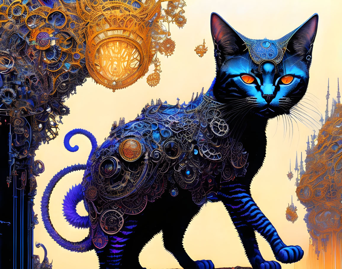 Steampunk mechanical cat with glowing eyes and intricate gears