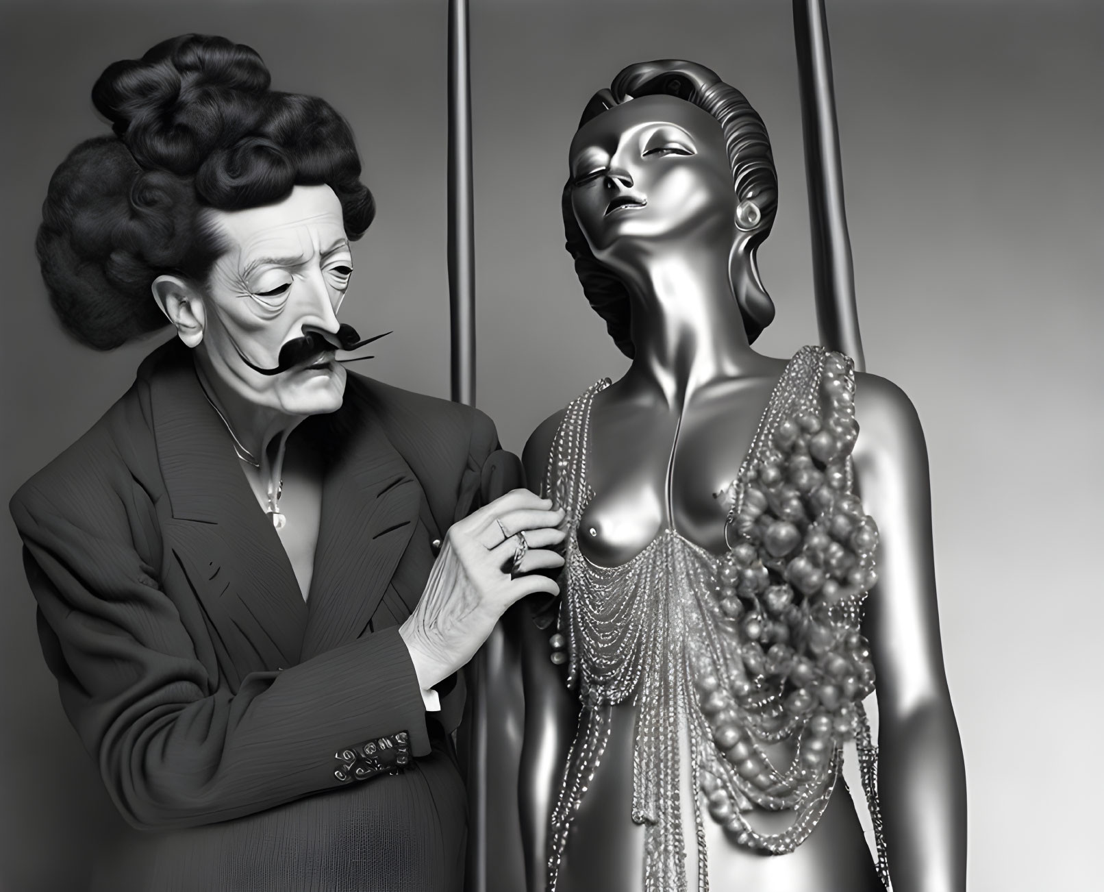 Monochromatic artwork of a Salvador Dalí-like figure adjusting necklaces on an exaggerated mannequin